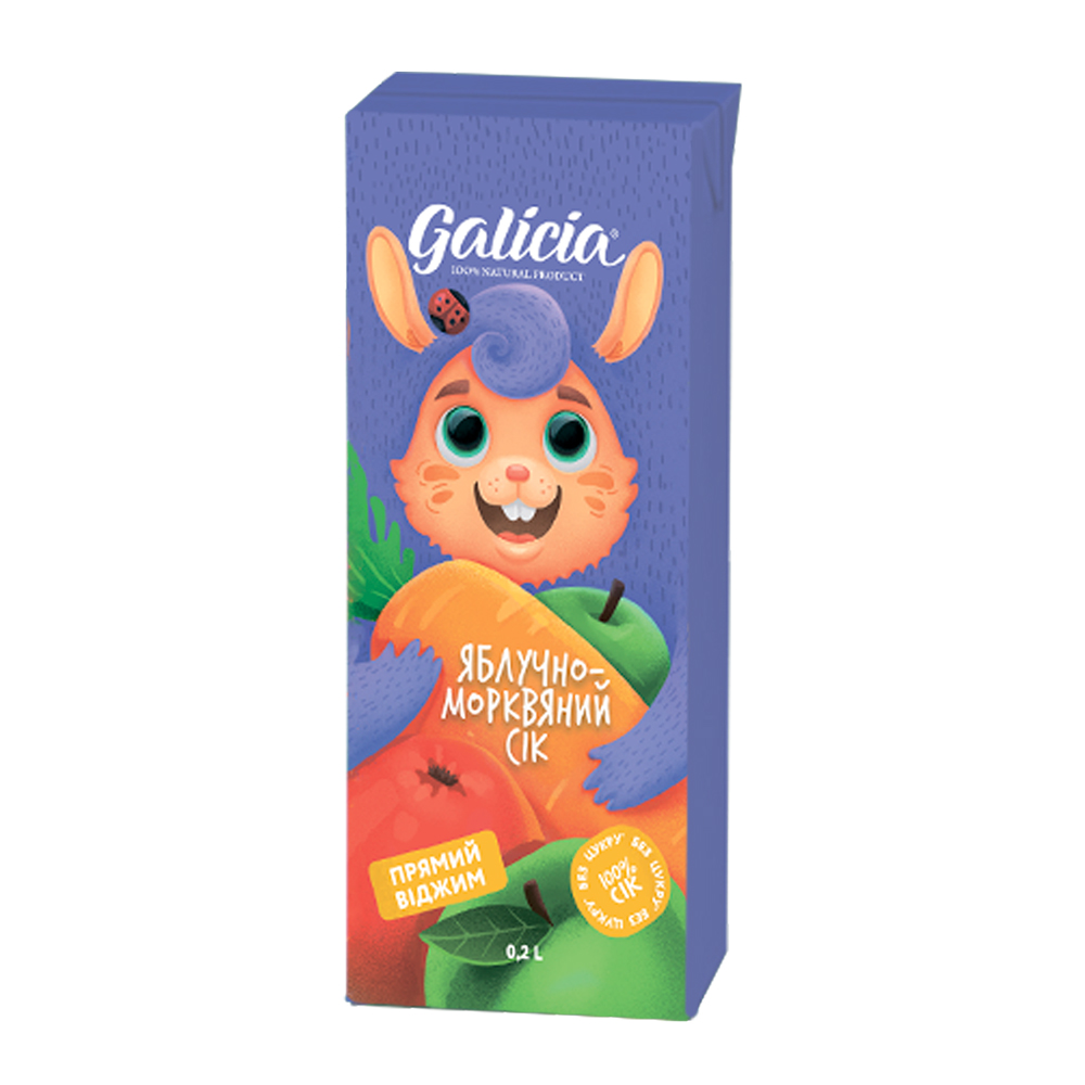 Сік яблучно-морквяний з м’якоттю гомогенізований стерилізований Galicia картонна пляшка 0,2 л